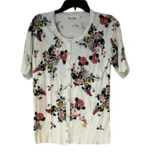 New York & Co White Short Sleeved Floral Cardigan - Medium